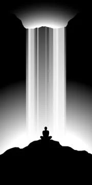 Serene vector landscape, meditating man silhouette and waterfall Stock Illustration