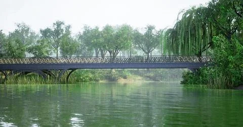 Serene view of a bridge surrounded by lush greenery over a still river Ilustração Stock