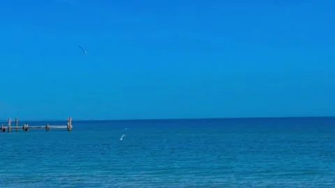 A serene view of the calm blue ocean with a wooden pier extending into the water Vídeos de archivo 334163374