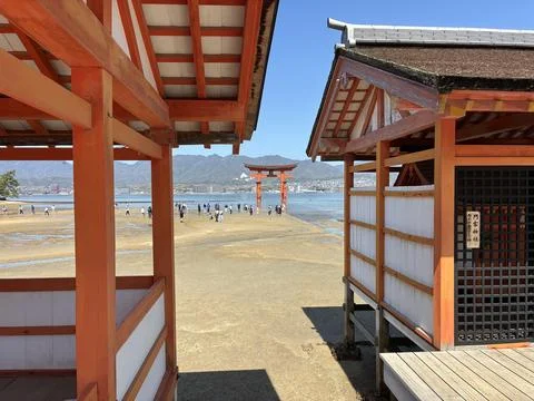 A serene view of the iconic floating Torii gate of Itsukushima Shrine Stock Photos