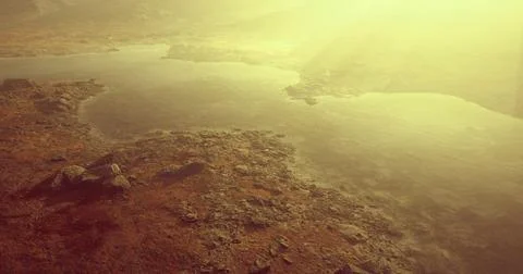 Serene view of a misty lake surrounded by rocky terrain at dawn Stock Illustration