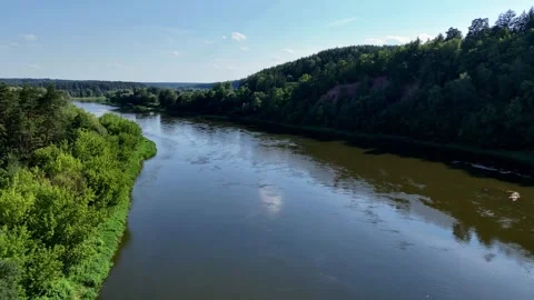 Serene View of the Neris River Flowing Through Lush Green Forests Stock Footage 292452415