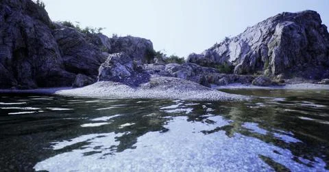 Serene water reflection with rocky landscape at dawn near the shore Stock Illustration