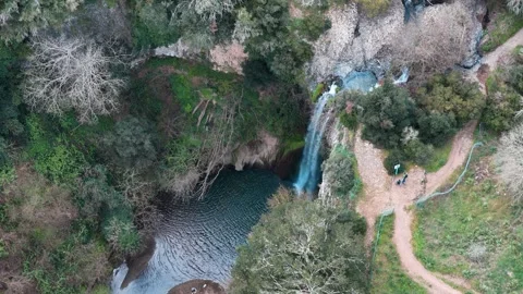 Serene Waterfall Cascades Into Tranquil Pool Surrounded By Lush Greenery Near Stock Footage 281332965