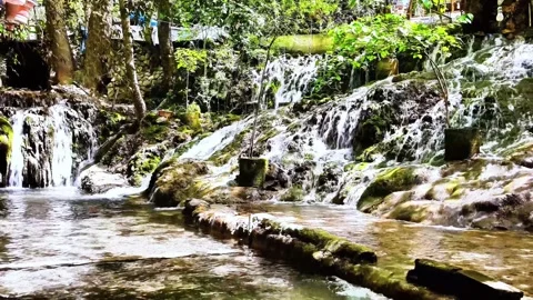 Serene Waterfall Cascading Over Mossy Rocks in Lush Forest - 4K Stock Footage 331925993