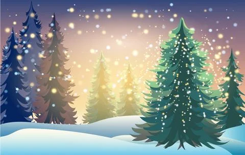 A serene winter forest features tall evergreen trees blanketed in snow Stock Illustration