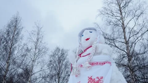 In serene winter setting, beautifully crafted snowman woman stands proudly Stock Footage 329767226