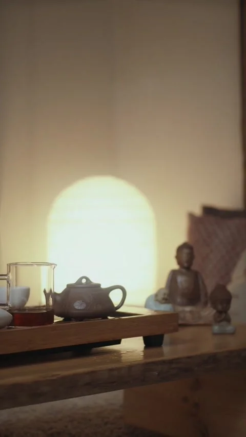 Serene Zen Tea Setup with Buddha Statues and Warm Light Video stock 327043916