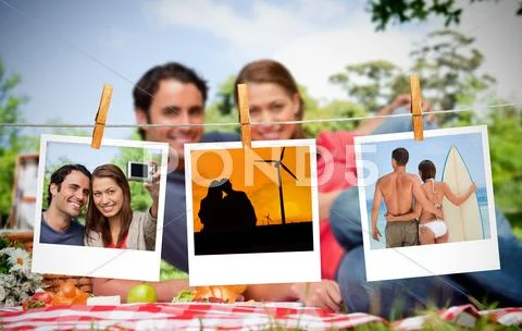 Serial instant photos of holiday scenes hung with a peg Stock Photos
