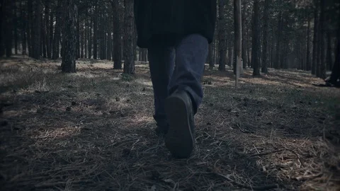 Serial killer goes swinging axe and chops down stump after crime in woods Stock Footage 106064819