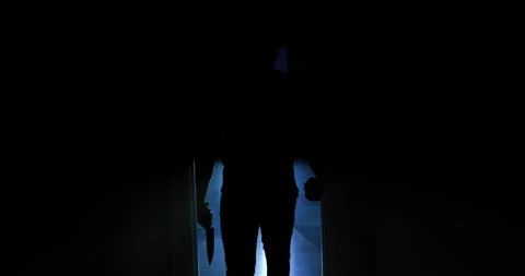 Serial Killer w/ Knife Charging Down Old Haunted Hallway Strobe Fast Video stock 161600186