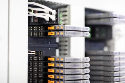 Serial modules and adapters mounted in chassis Stock Photos