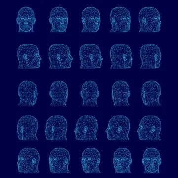 Series of blue faces are shown in a row. The faces are all different shapes, but 库存插图