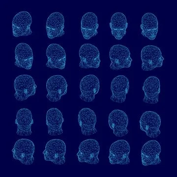 Series of blue faces are shown in a row. The faces are all different sizes and 库存插图