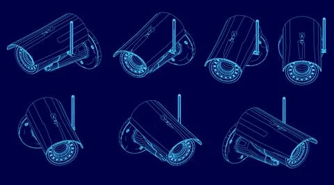 Series of blue images of a security camera. The images are all different sizes Stock Illustration