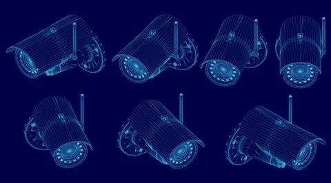 Series of blue images of a security camera. The images are all different sizes Stock Illustration