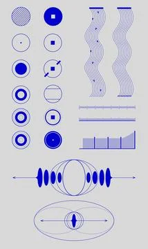Series of blue sound wave patterns and geometric shapes on pale background 스톡 일러스트