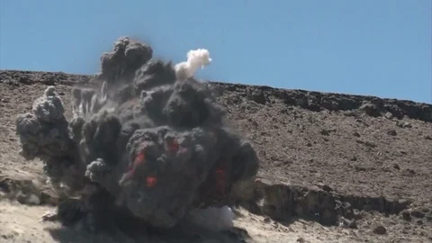 A series of fast rocket strikes and big explosions in a desert landscape. Vídeo Stock 74798369