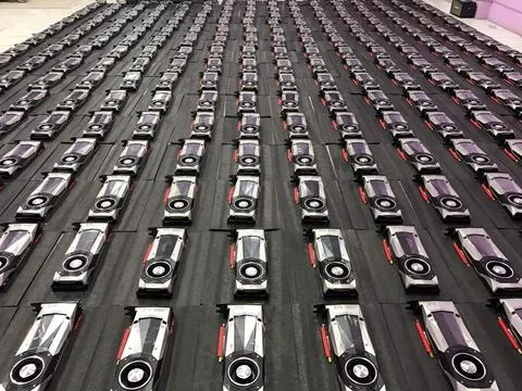 A series of GPU cards arranged vertically, stacked atop each other on a table Stock Photos