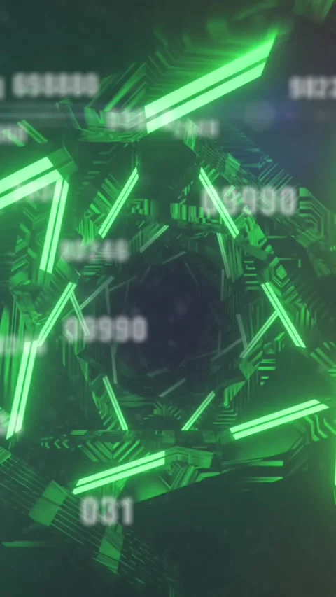 A series of green triangles forming a tunnel, with light trails spinning in a Video stock 344679157