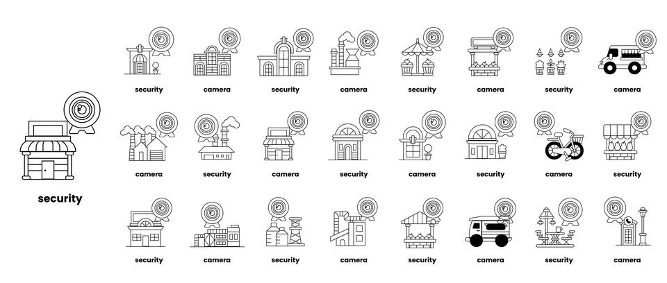 A series of icons for security, including a security camera, a security guard Stock Illustration