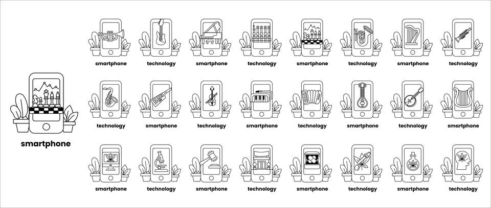 A series of images of various objects and scenes, including a house, a tree Stock Illustration