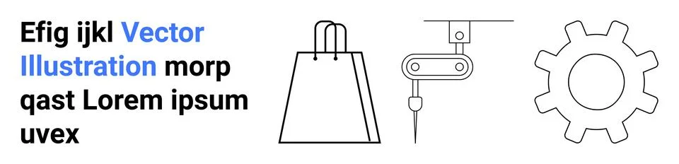 Series of line art elements including a shopping bag, industrial robotic arm, Stock Illustration