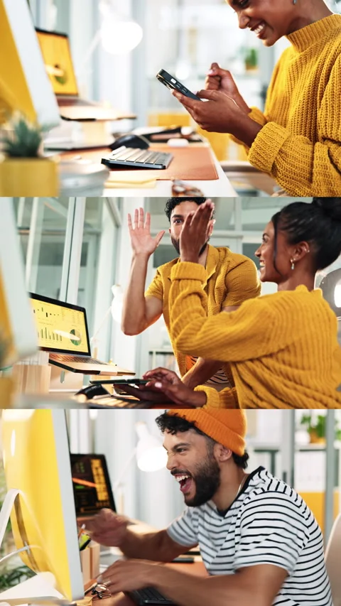 Series, people and tech in office for celebration, article success and approval. Stock Footage 333243788