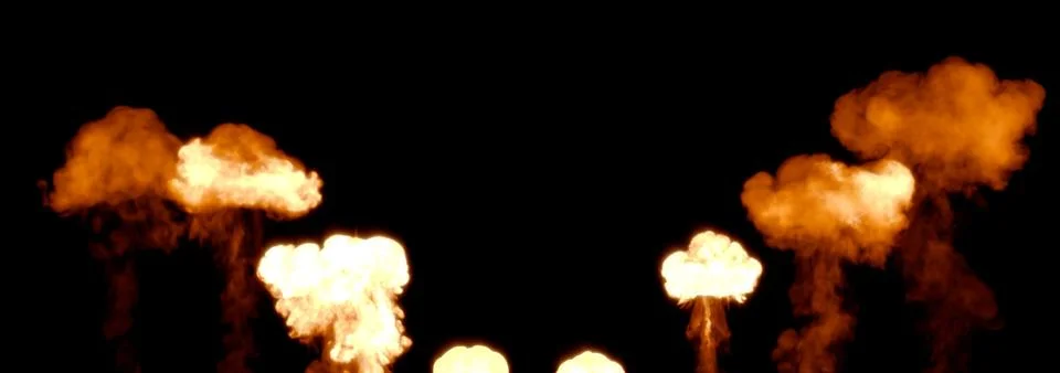 Series of powerful explosions with flames, isolated - object 3D illustration 스톡 일러스트