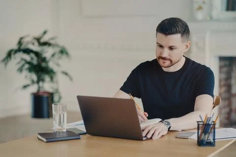 Serious bearded man writes informative notes while watching webinar on laptop Foto stock