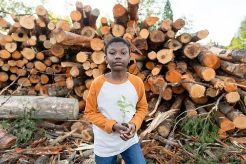 Serious boy holding sapling on logging site looks into camera Stock Photos