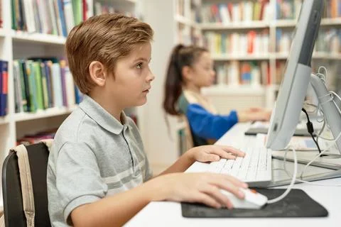 Serious Boy using Pc in Programming Class For Kids 스톡 사진