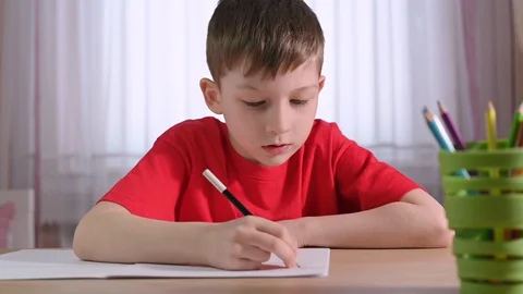 Serious boy writes in exercise book at table with pen holder Stock Footage 127876796