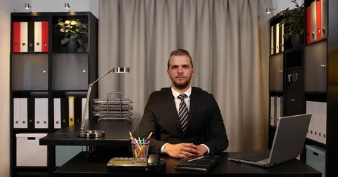 Serious Business Man Presentation Camera Hand Gestures Ok Sign Office Workplace Stock Footage 73608237