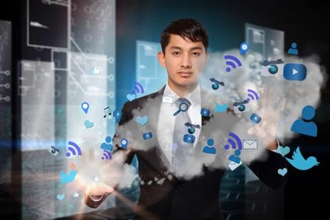 Serious businessman touching apps in cloud Stock Illustration