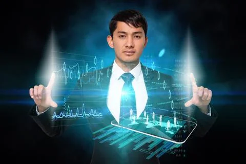 Serious businessman touching data interface Stock Illustration
