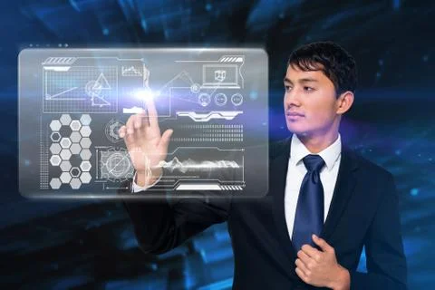 Serious businessman touching interface 스톡 일러스트