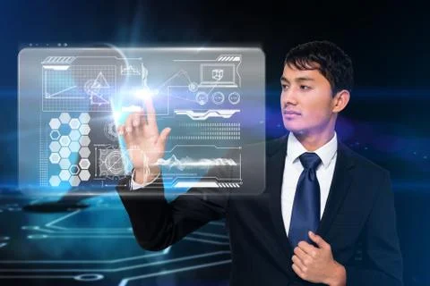 Serious businessman touching interface Stock Illustration