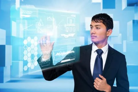 Serious businessman touching interface Stock Illustration