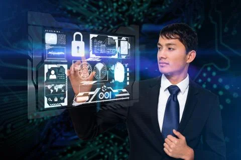 Serious businessman touching interface Illustrazione stock
