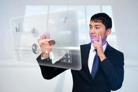 Serious businessman touching interface Stock Illustration