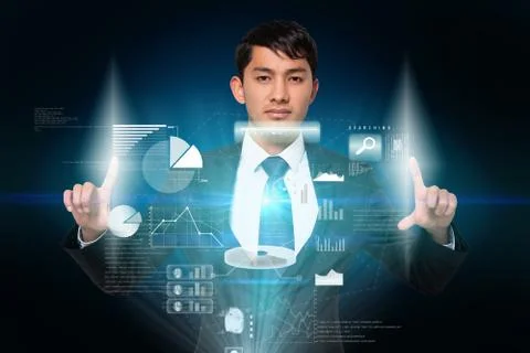 Serious businessman touching interface Illustrazione stock