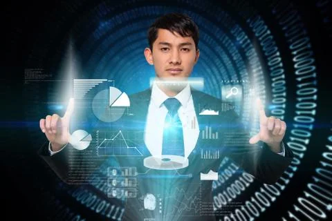 Serious businessman touching interface 스톡 일러스트