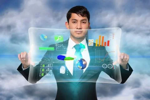 Serious businessman touching interface Stock Illustration