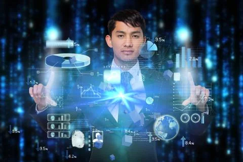 Serious businessman touching interface Stock Illustration