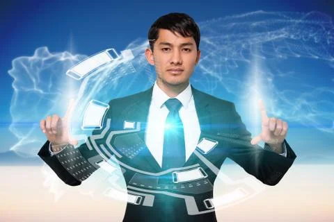 Serious businessman touching interface Stock Illustration