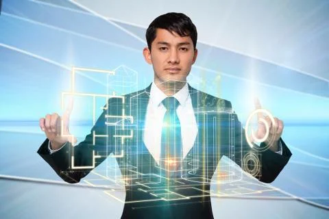 Serious businessman touching interface Stock Illustration