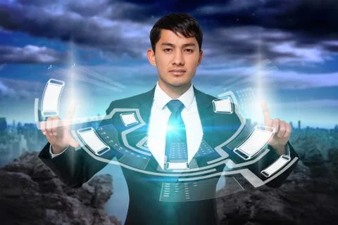 Serious businessman touching interface 스톡 일러스트