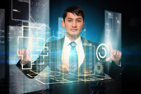 Serious businessman touching interface Illustrazione stock