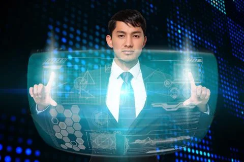 Serious businessman touching interface Stock Illustration